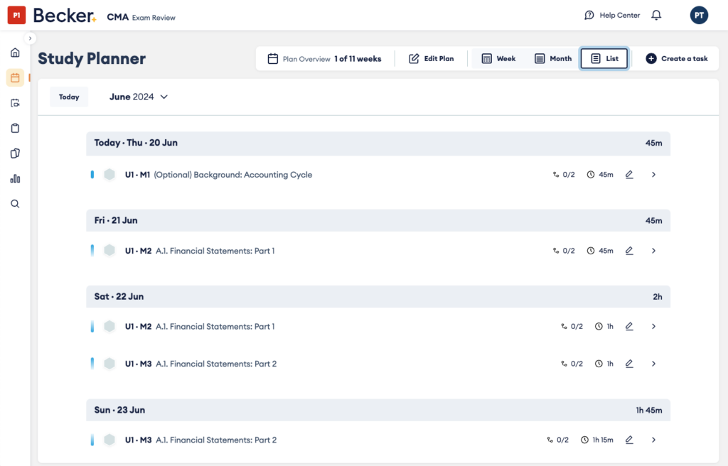 Becker CMA study planner