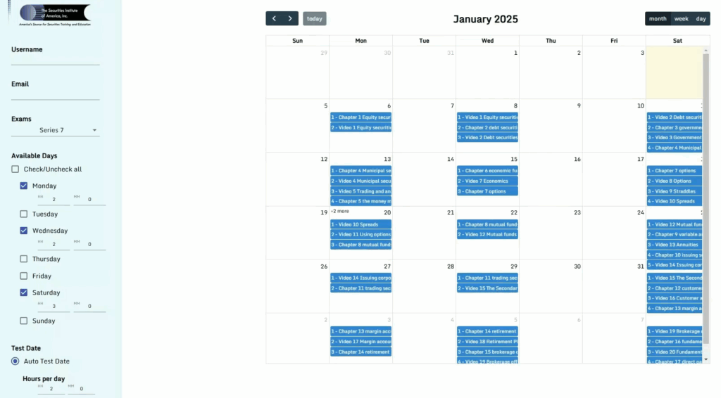 Securities Institute of America study calendar