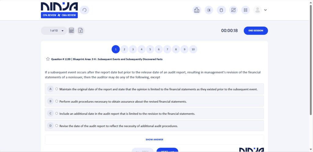 NINJA's practice question tool felt clean and modern, with gray, white, and bright blue accents.