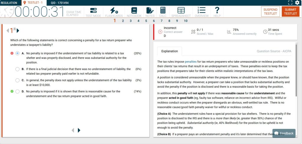 UWorld has especially long answer explanations for their CPA practice materials library, with bolding and links to help cement understanding.