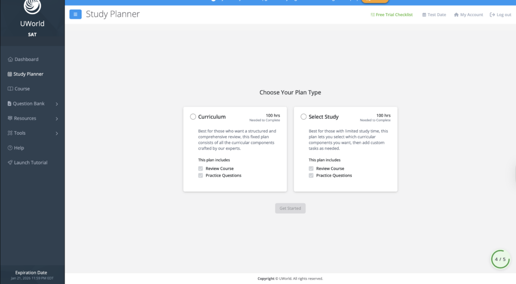 UWorld SAT study planner