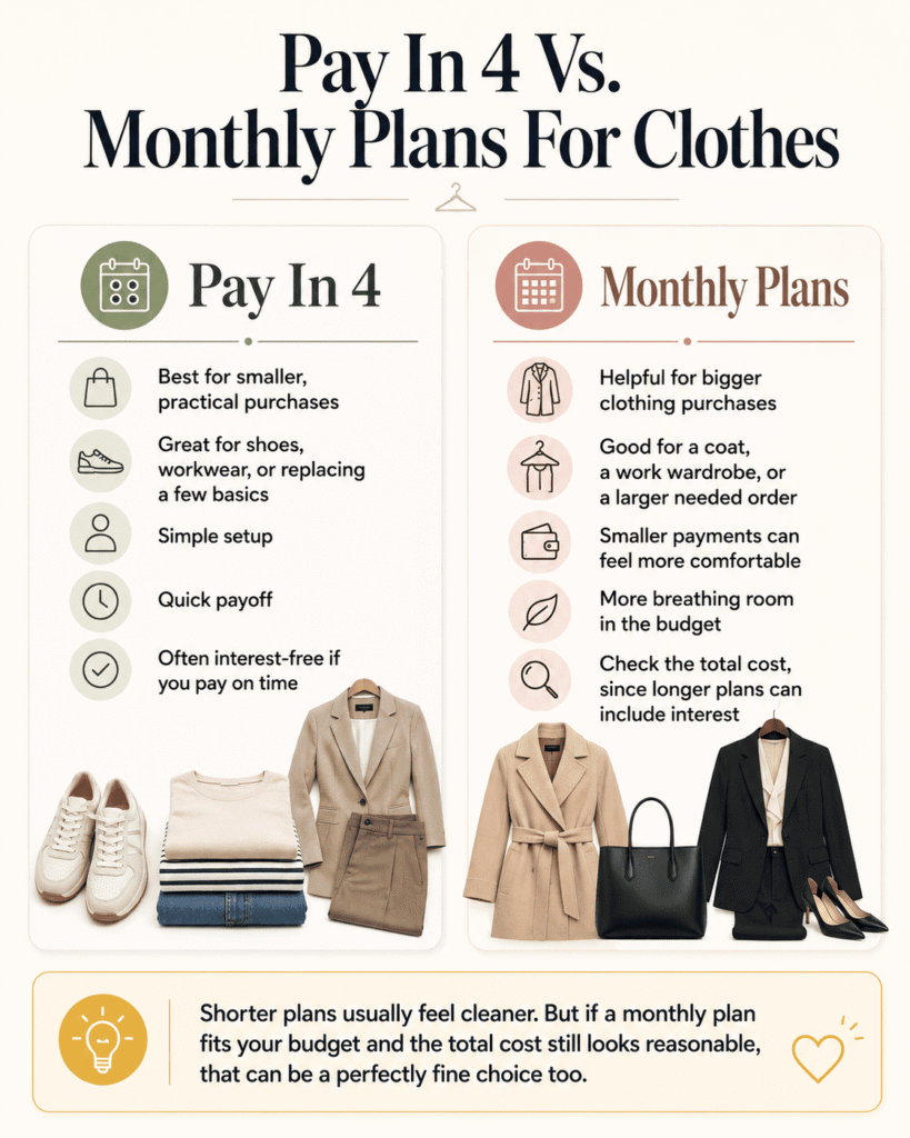 Buy now, pay later clothes: pay in 4 vs monthly plans for clothing purchases