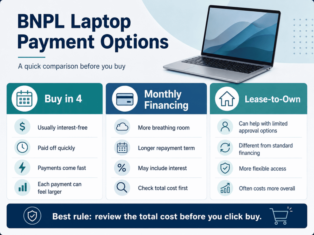 Buy Now, Pay Later laptops: Pay in 4 vs monthly financing vs lease-to-own comparison