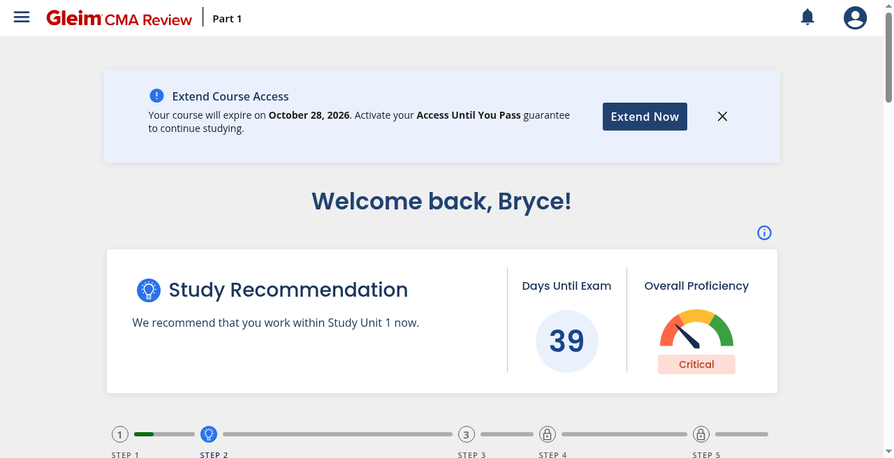 Gleim CMA Part 1 study dashboard