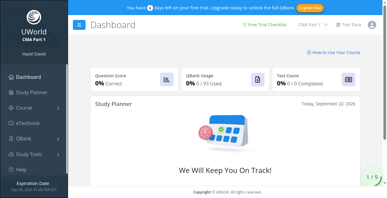 UWorld CMA Part 1 dashboard