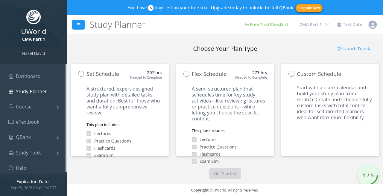 UWorld CMA Part 1 study planner