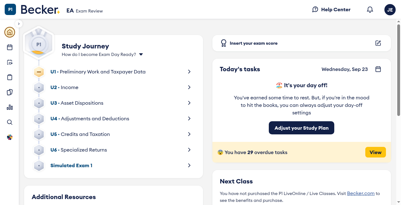 Becker EA Adapt2U dashboard with study journey tasks