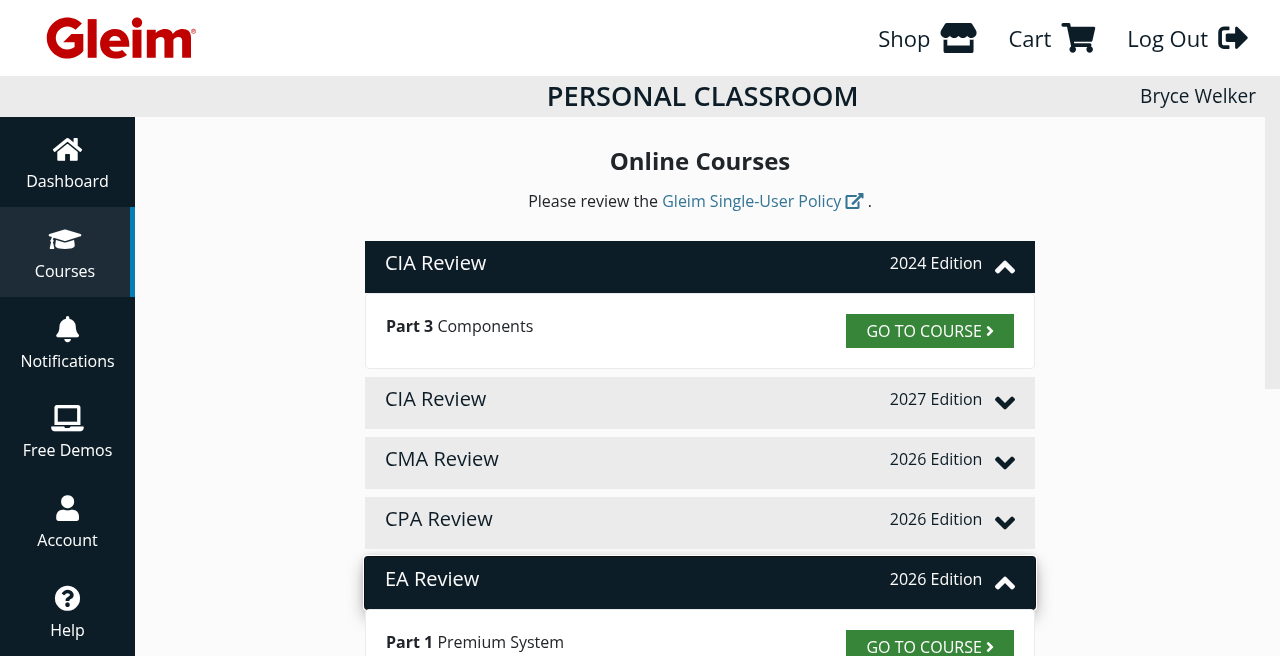 Gleim EA study dashboard during testing