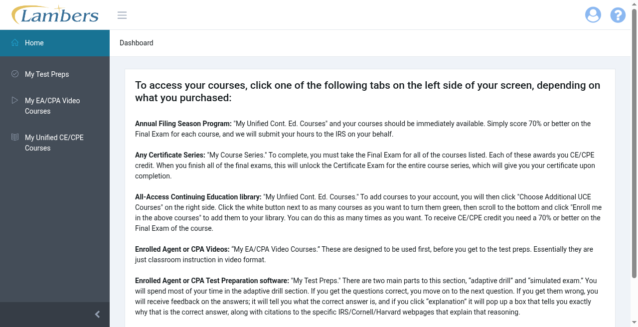 Lambers EA course dashboard during testing