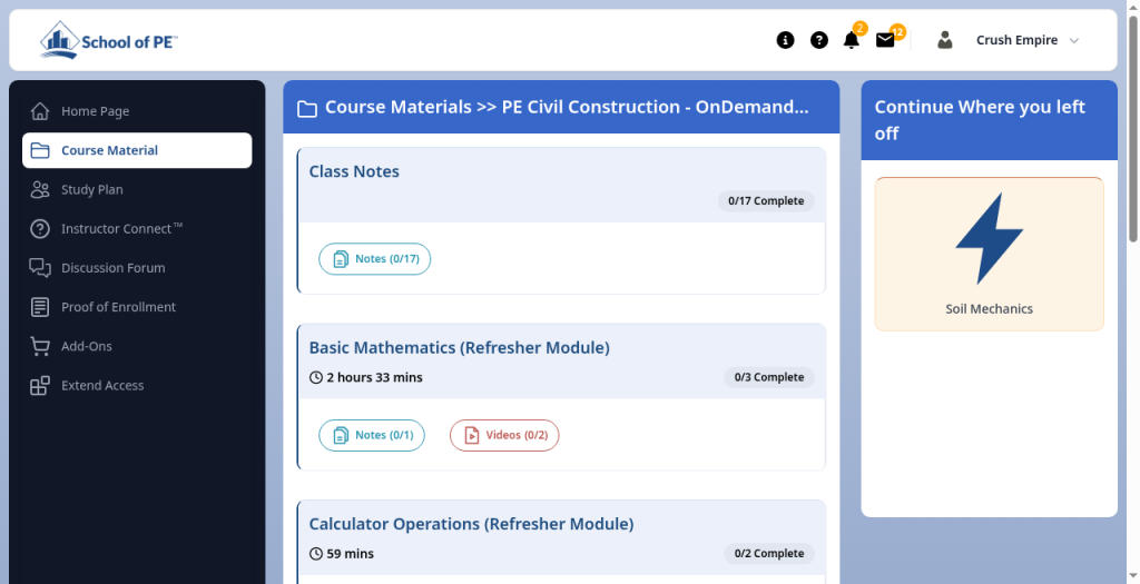 School of PE PE modules screen