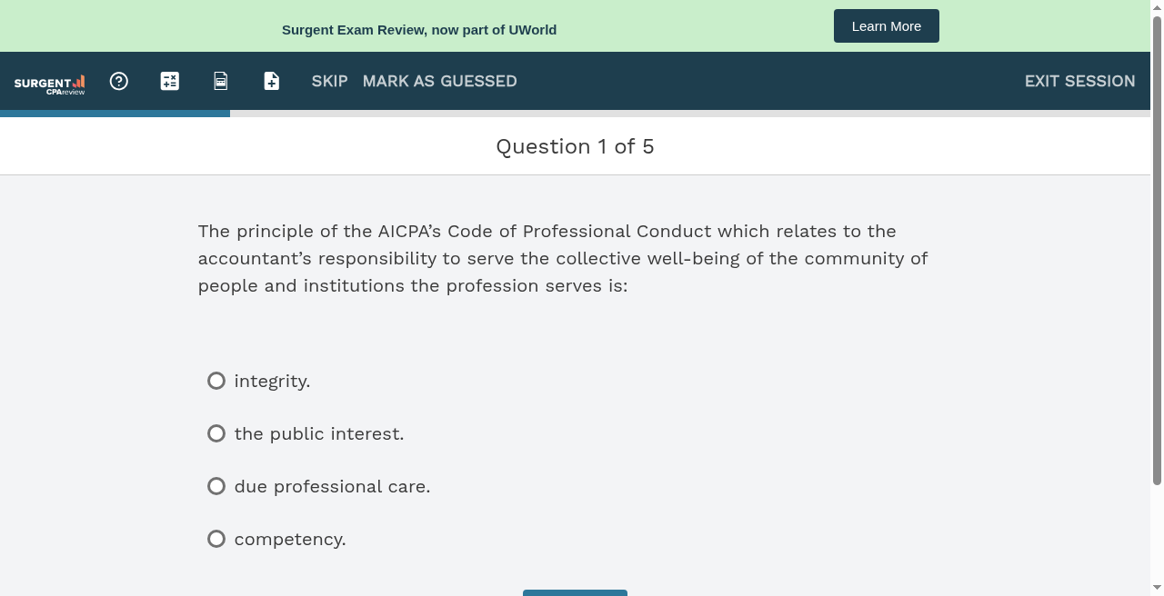 Surgent EA practice quiz during testing