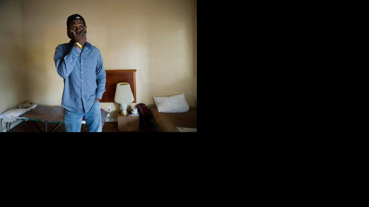 
Mark Green, who has been homeless for 30 years, is lost for words after being moved from his camp along the American River to a motel in West Sacramento on Wednesday in West Sacramento. Green,  is “just tired” and ready to move on with life. “This is a blessing for those who want it,” he said.
