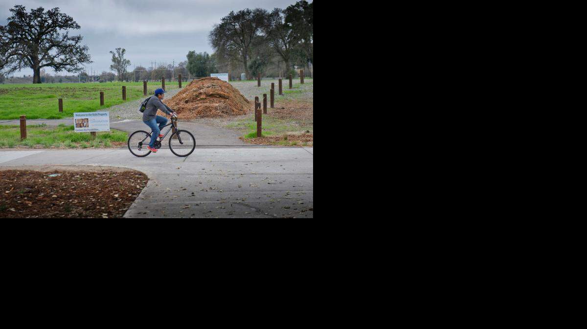 
A bicyclist rides on a bike trail at a site where the city of Davis, UC Davis and private developers propose to build an “innovation district” called Nishi Gateway in a 45-acre field next to the university.
