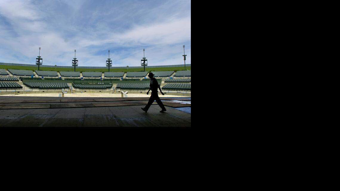 
A stagehand wanders across the stage of the Sleep Train Amphitheatre near Marysville on May 6, 2004. The 18,500-capacity venue is the largest concert facility in the Sacramento area, and will begin its summer concert season on May 23.
