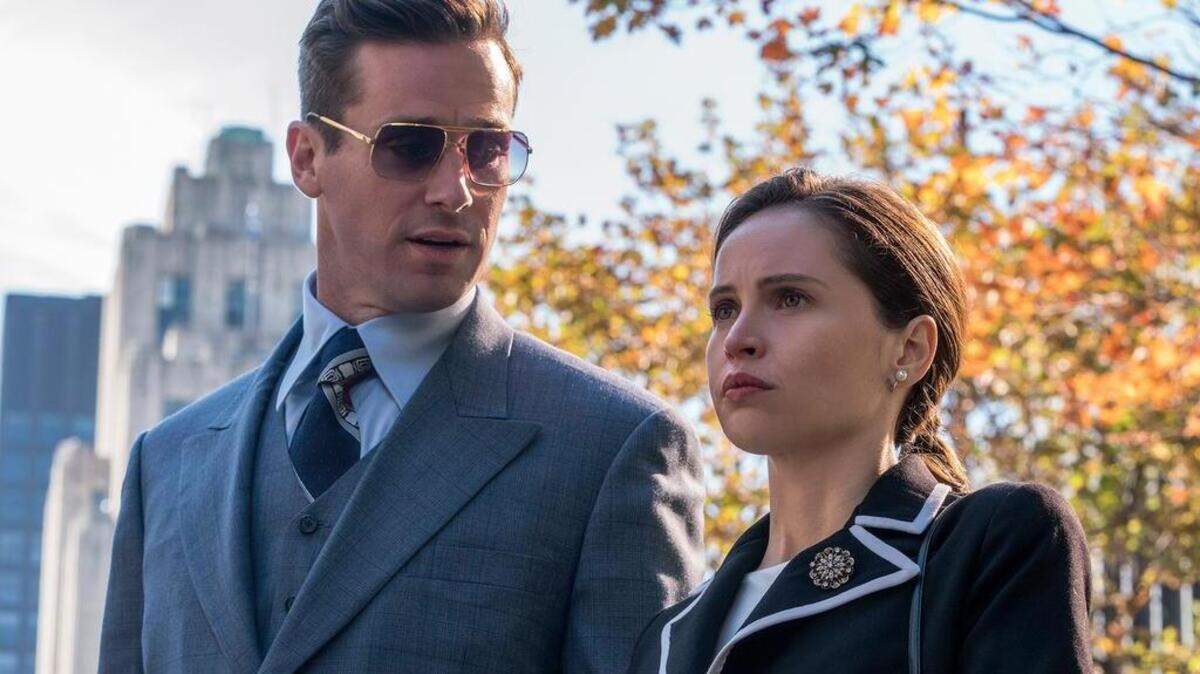 Armie Hammer plays Marty Ginsburg opposite Felicity Jones as Ruth Bader Ginsburg in “On the Basis of Sex.”