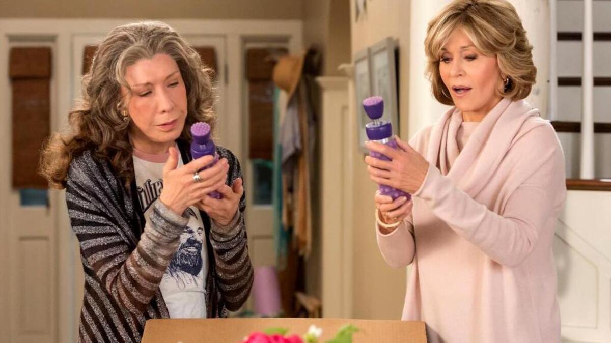On Season 3 of “Grace and Frankie,” Lily Tomlin, left, and Jane Fonda’s characters start a business selling vibrators to older women.
