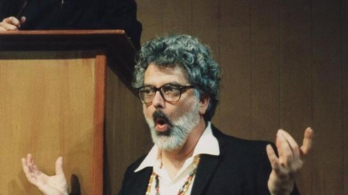 Bob Irvin, right, portrayed Allen Ginsberg in the River Stage production of “The Chicago Eight Conspiracy Trial.”