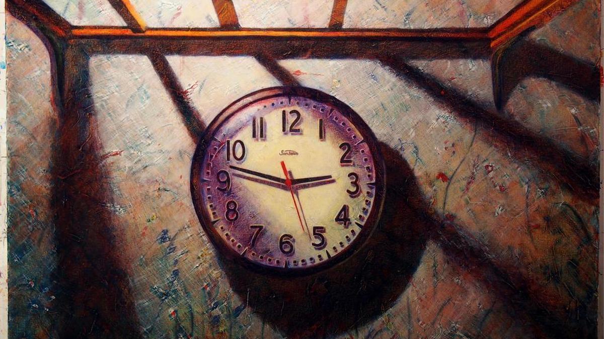 Chris Daubert’s “2:48” oil painting focuses on the desire to freeze time with a clock that is stopped. “Chris Daubert: Dialogues” is up at Shimo Center for the Arts until July 2.