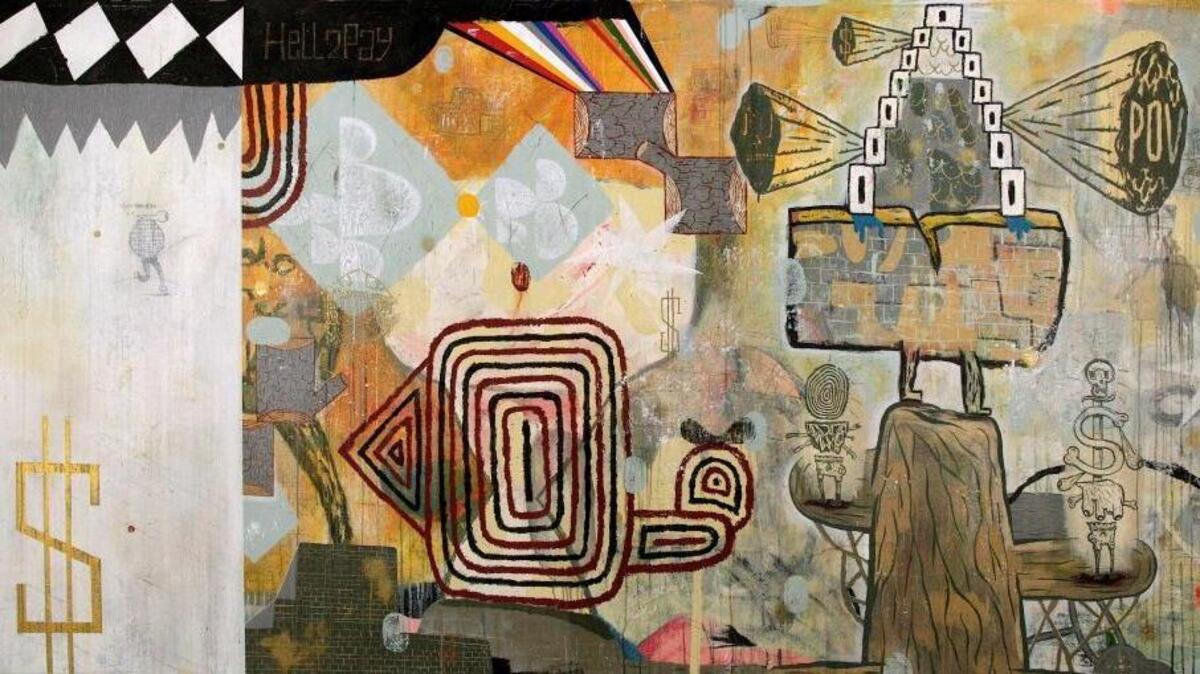 “Hell 2 Pay” by John Yoyogi Fortes is part of an exhibit running through Oct. 29.
