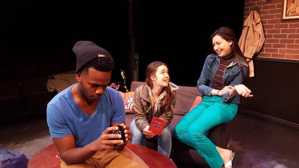 B Street acting interns, from left, Deon’te Goodman, Megan Wicks and Alexandria Litras rehearse for “Stop Kiss,” the 2016 Intern Showcase that will be staged June 8-12.