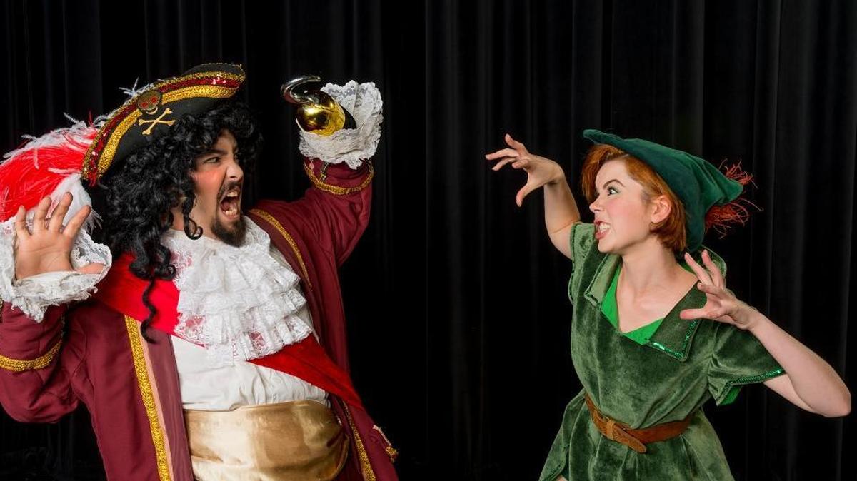 The City College Theatre presents “Peter Pan: A Panto” with Sean Thomas Olivares as Captain Hook and Meghan Cazadio as Peter.