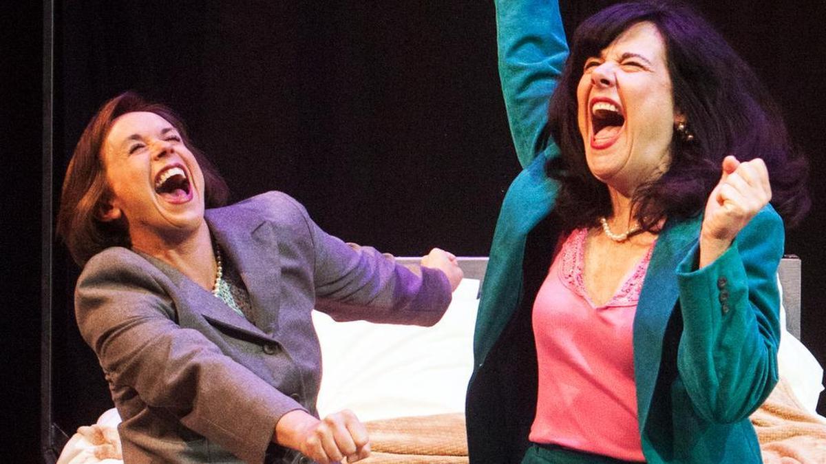 Kelley Ogden, left, and Jamie Jones appear in the Capital Stage production of “The Totalitarians,” playing through July 24.