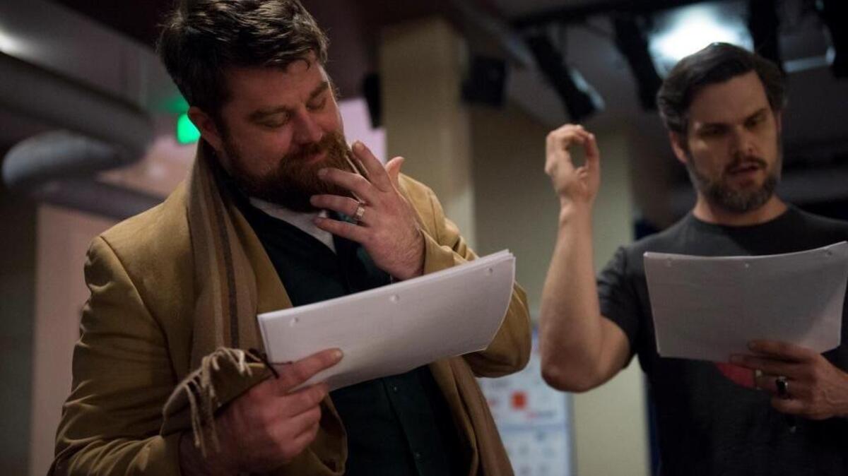 Director Brian Harrower, left, with actor Ryan Snyder at the rehearsal for Sacramento Theatre Company’s Shakespeare comedy “Twelfth Night.”