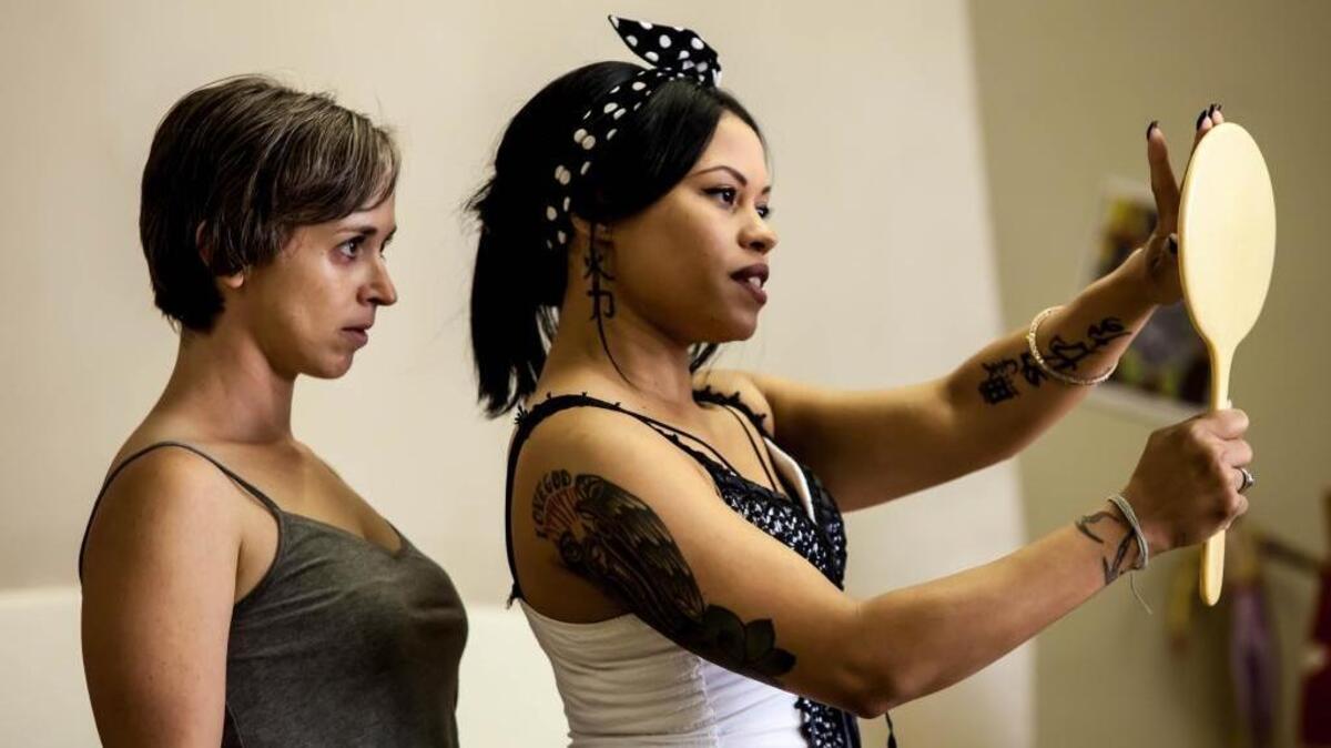 Kelley Ogden, left, and Bridggett Bess rehearse for KOLT Run Creations’ “The Adoration of Dora.”
