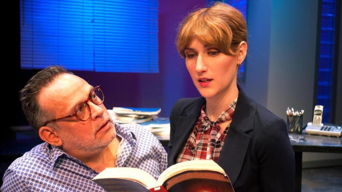 The B Street Theatre production of David Mamet’s “Speed-the-Plow” features Dave Pierini and Stephanie Altholz.