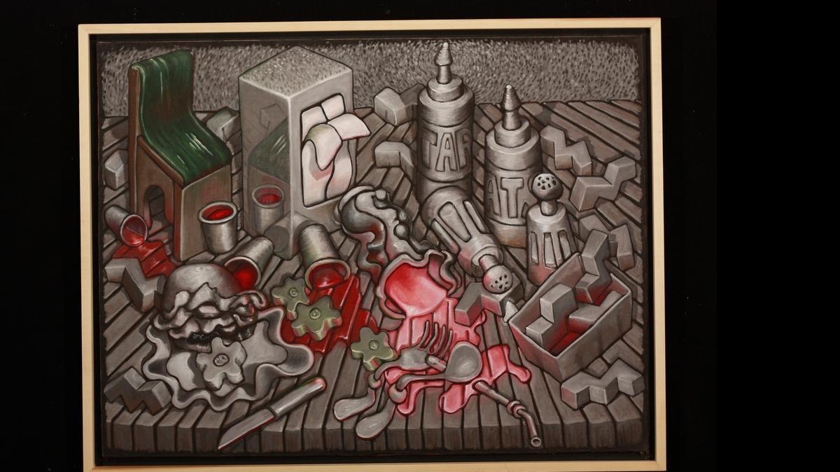 
The oil painting "Tantrum Over the Awful Toy Leads to the Peppermint Shake Disaster” is also exhibited.
