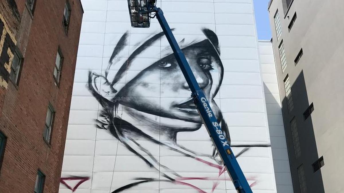 The work of Christina Angelina’s on the eastern wall of Golden 1 Center, near Art Hotel