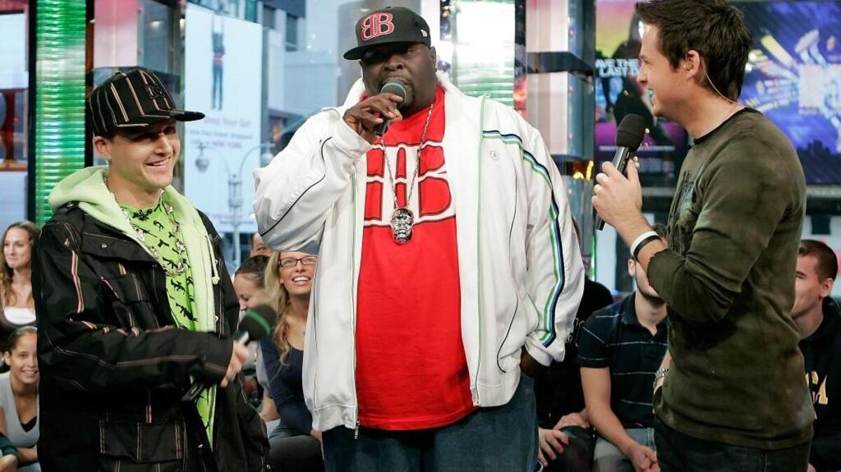 Professional skateboarder Rob Dyrdek, left, and Christopher “Big Black” Boykin, center, appear on MTV’s Total Request Live with host Damien Fahey on Nov. 2, 2006, in New York. Boykin died Tuesday. He was 45.