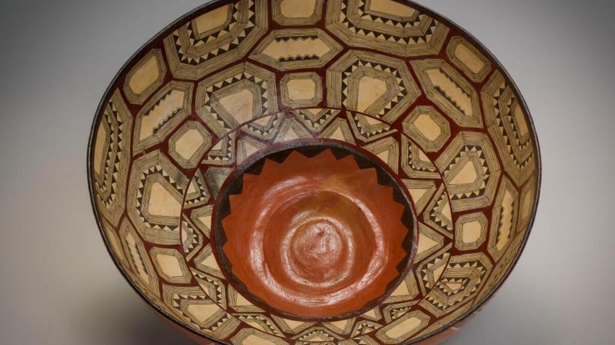 
A festival drinking bowl by Esthela Dagua, with turtle, tortoise, iguanid and zigzag motifs, is part of the “Rain Forest Visions” exhibit at the Crocker Art Museum. 
