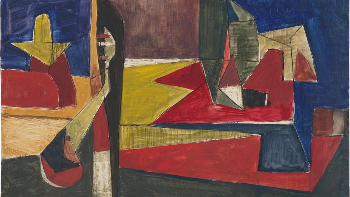 Dry Reef and Land Forms, 1946, oil and ink on cardboard, 13 3/4 x 21 1/4 inches.