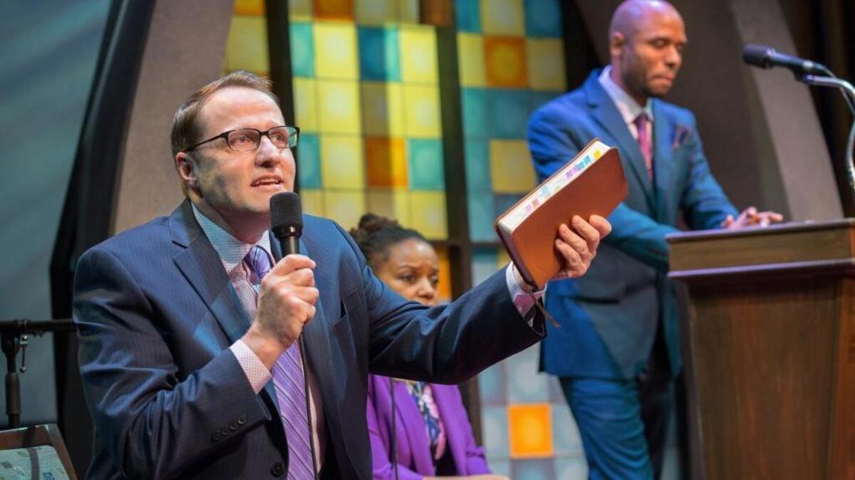 Kurt Johnson, left, Margaret Kemp and Darian Dauchan in Lucas Hnath’s “The Christians” at B Street Theatre