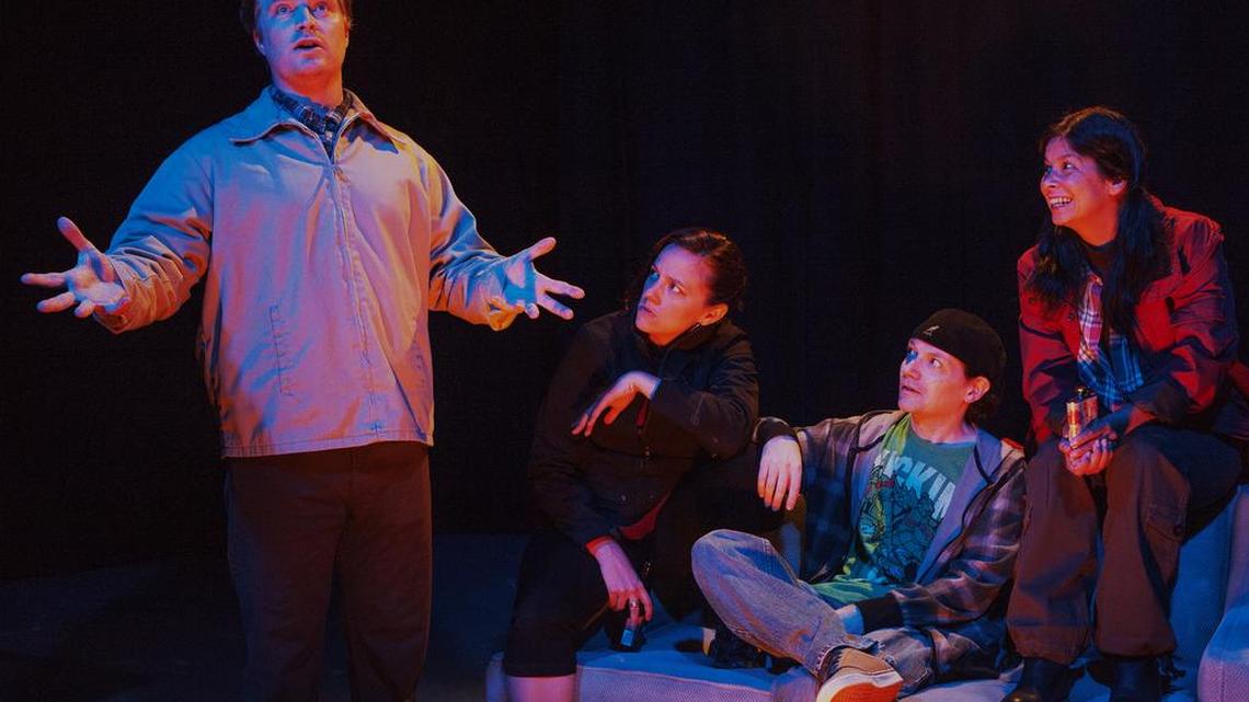 
MR. BURNS, A POST ELECTRIC PLAY by Anne Washburn, directed by Michael Stevenson, opening Saturday, Sept. 5, 2015 at Capital Stage. 
(From L to R) Kirk Blackinton, Katie Rubin, John P. Lamb, Dena Martinez
