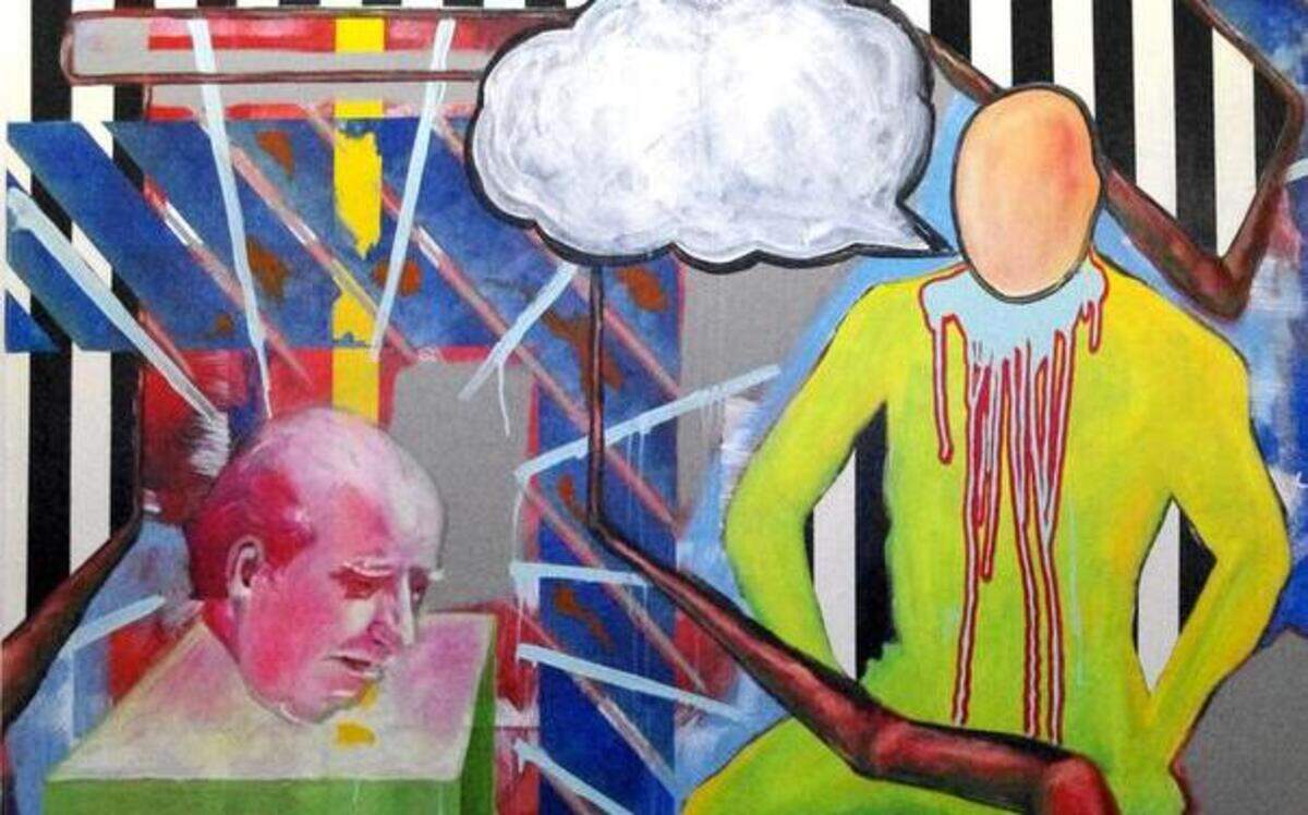 
Manuel Fernando Rios’ vibrant works often include figurative subjects juxtaposed with colorful geometric shapes. They’re at Axis Gallery.
