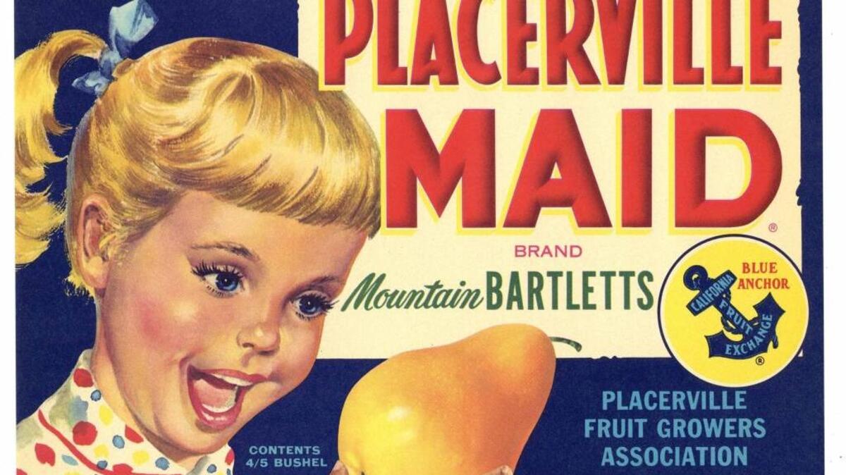 A crate label for Placerville Maid pears featured a blonde with a ponytail.