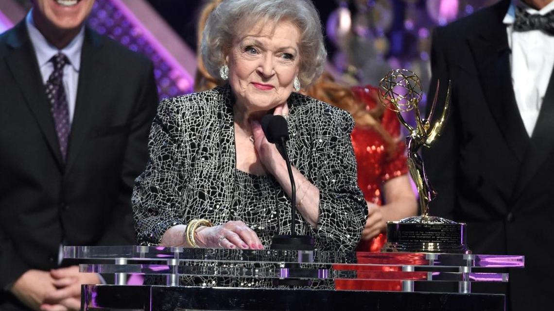 Betty White accepts the lifetime achievement award at the 42nd annual Daytime Emmy Awards at Warner Bros. Studios on April 26, 2015, in Burbank. White turned 96 on Wednesday.