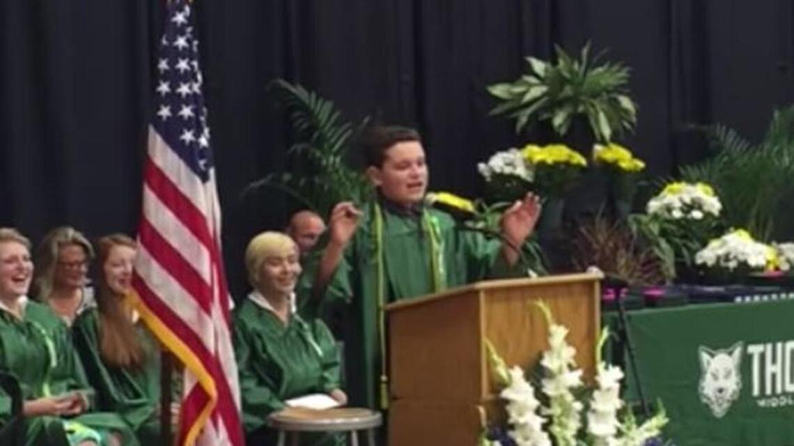 Eighth-grader’s presidential candidate impressions at commencement are spot-on