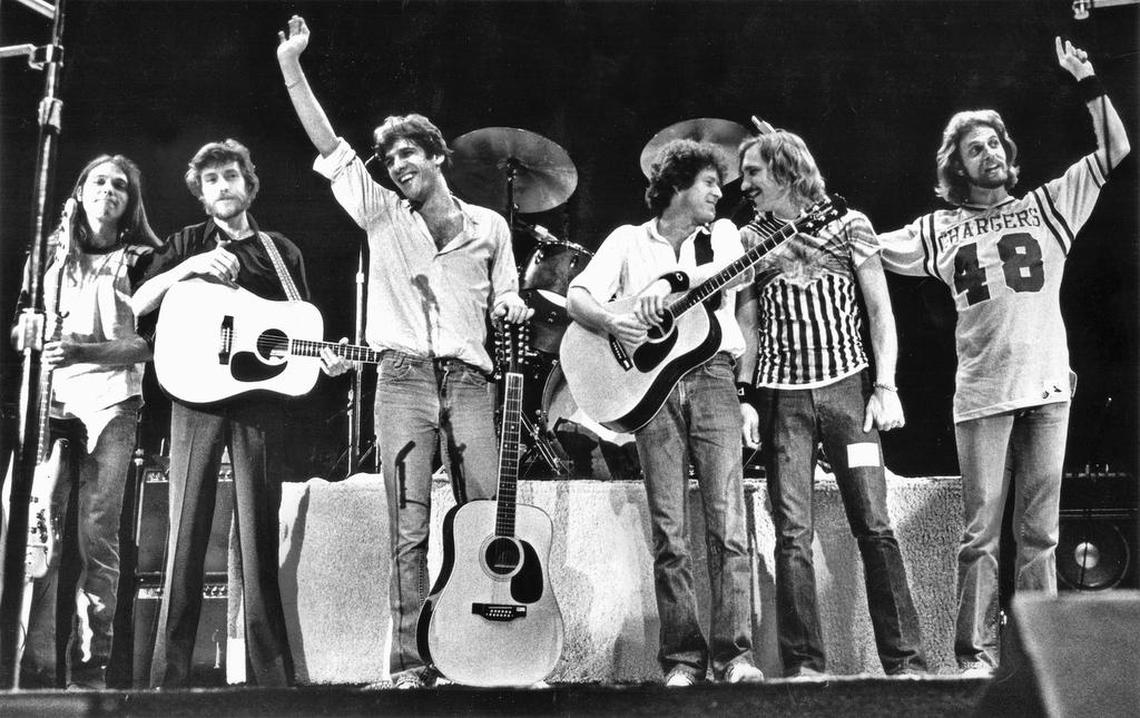 The Eagles take a concert bow with songwriter J.D. Souther, second from left, during a fundraiser for Gov. Jerry Brown at the San Diego Sports Arena in 1979. Pictured from left are Timothy Schmit, Souther, Glenn Frey, Don Henley, Joe Walsh and Don Felder. Eagles guitarist Glenn Frey has died at the age of 67, the band has announced. He died in New York City on Monday from complications arising from rheumatoid arthritis, colitis and pneumonia. Jan. 18, 2016