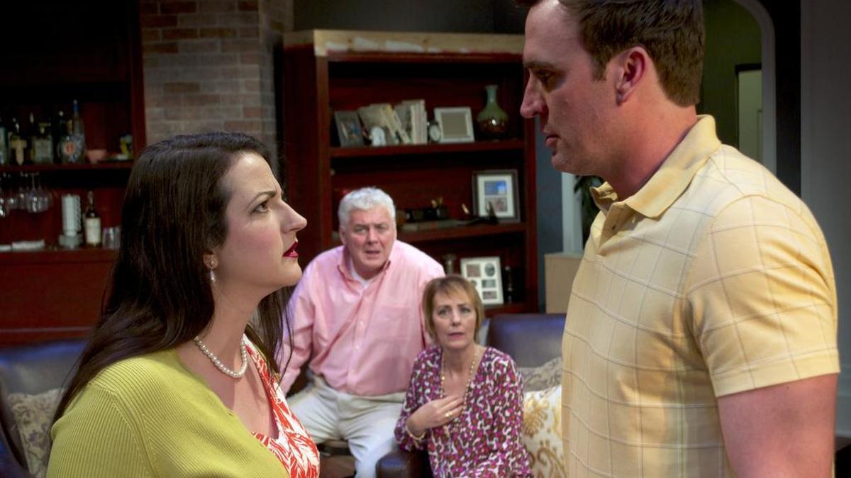 B Street Theatre production of “Clever Little Lies” with (left to right) Tara Sissom, Julia Brothers, Rich Hebert, Jason Kuykendall.