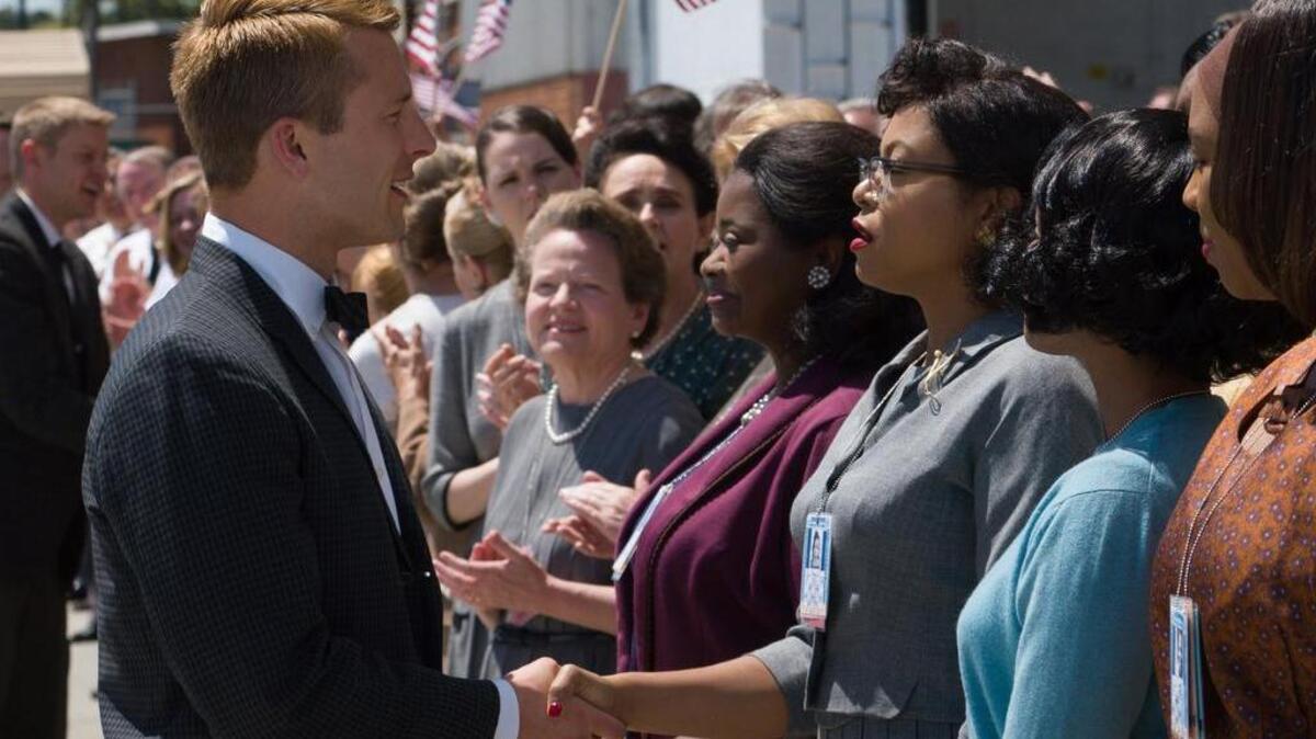 “Hidden Figures” stars, in foreground from left, Glen Powell, Octavia Spencer (an Oscar nominee for best supporting actress), Taraji P. Henson and Janelle Monáe.
