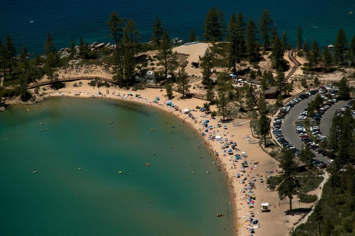FILE - Sand Harbor as seen from the Flume Trail near Incline Village, Nev. on Thursday, June 27, 2013. Beach space is more limited this summer, as Lake Tahoe is nearly full to its maximum legal limit.