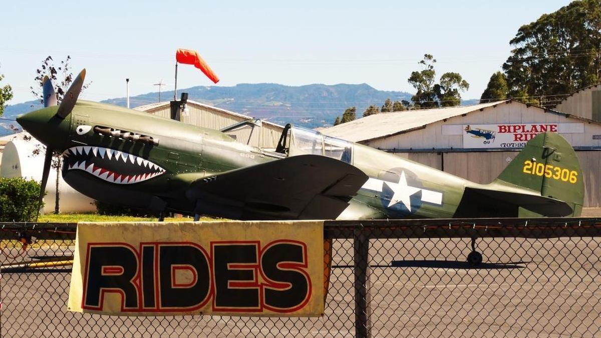 A restored P-40 Warhawk sits poised for flight near the Vintage Aircraft airstrip in Sonoma.