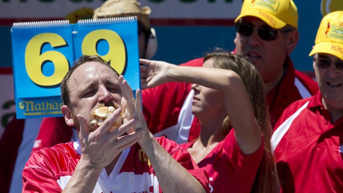 Joey Chestnut competes in Nathan’s Hot Dog Eating Contest on July 4, 2016, in New York.