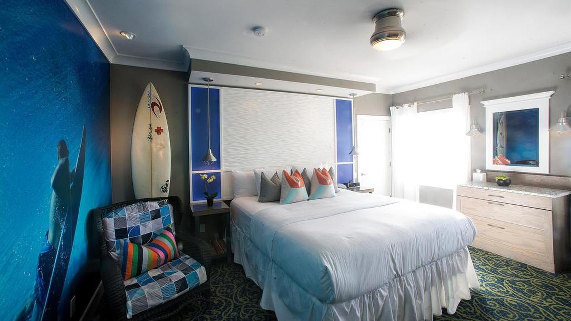 The Rip Curl suite at the surf-inspired La Casa del Camino hotel in Laguna Beach has an underwater photomural wall. Intertwined blue green seaweed-swirled carpet mimics the ocean floor. Nightly rates there start at around $200.