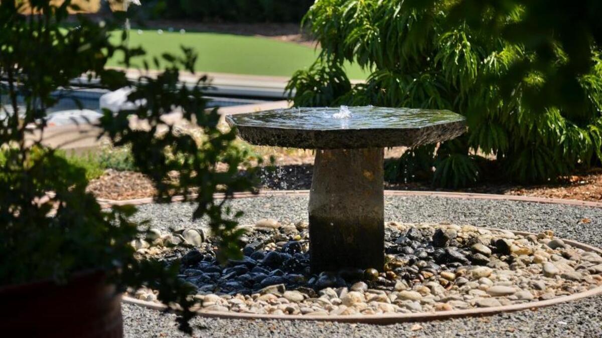 A recirculating fountain creates a new focal point where there used to be lawn in this water-wise landscape.