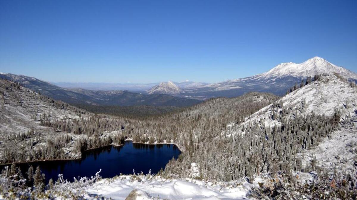 Castle Lake, Mt McLoughlin, Black Butte and Mt Shasta (L-R)