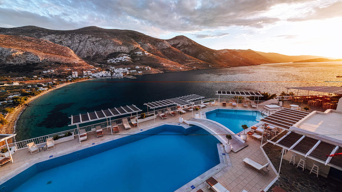 A sweeping coastal view from Aegialis Hotel & Spa in Amorgos, Greece, where wellness meets the Aegean Sea.